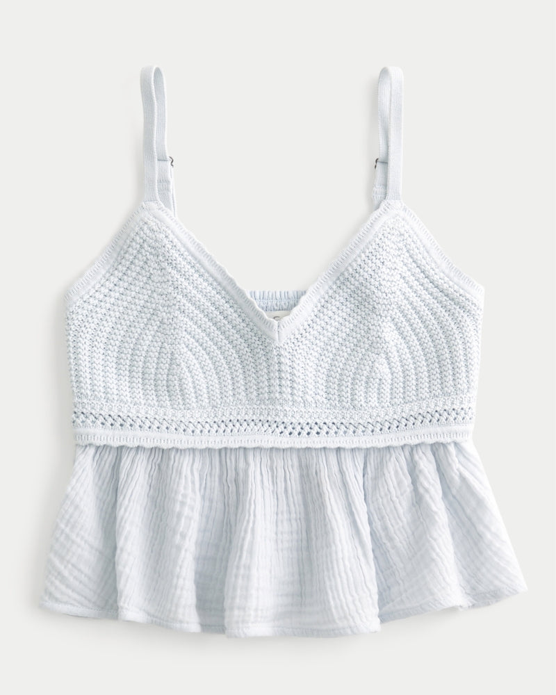 Crochet-Style Gauze Babydoll Top